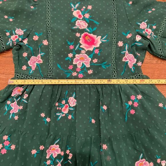 ASOS Design Petite High Neck Textured Embroidered Mini Dress w/ Lace Trims Green - Picture 8 of 11